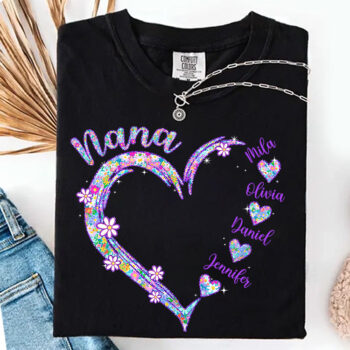 Nana Heart Floral Personalized Names Custom Family T Shirt Gift